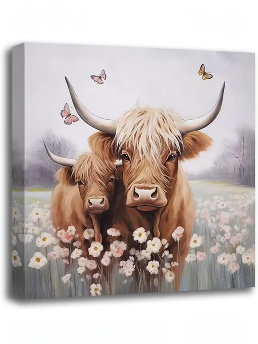 Highland Cow Canvas Art In A Floral Meadow 14x14